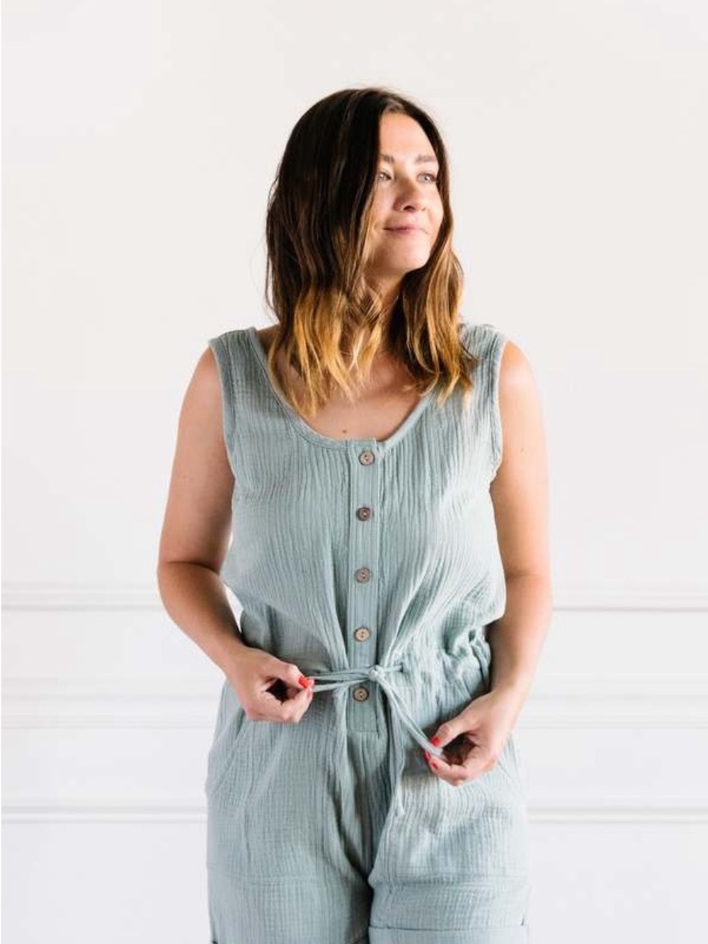 Flawless Dusty Sage Green Romper with Tie Waist
